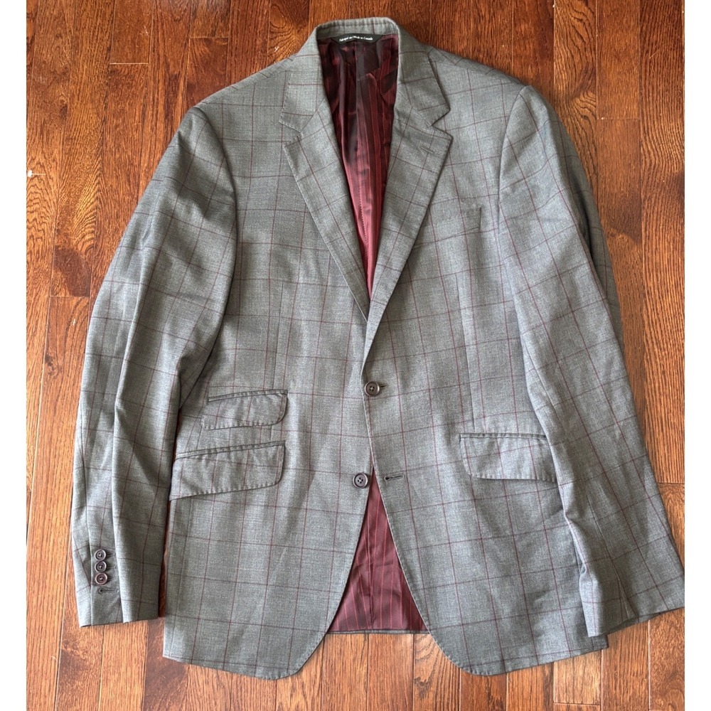 Coppley Suit 42R‎ Tollegno Super 120s Wool Grey Windowpane Made Canada 33x35 - Picture 6 of 16